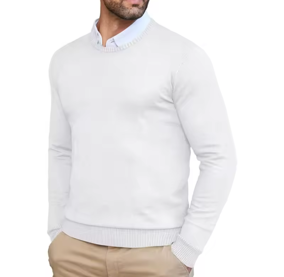 White GolfThing Heritage Knit round neck golf sweater with ribbed cuffs for men