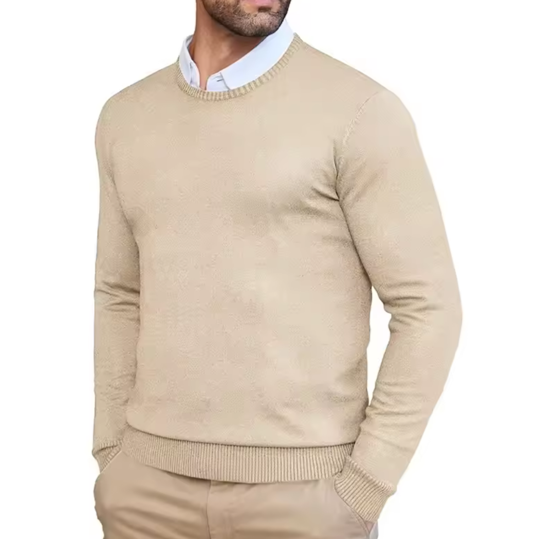 Beige GolfThing Heritage Knit round neck golf sweater with ribbed cuffs for comfortable, breathable performance.