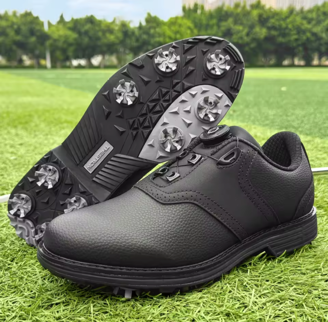 Classic laceless GolfThing soft spike golf shoes in durable faux leather with cushioned midsole and reinforced stitching