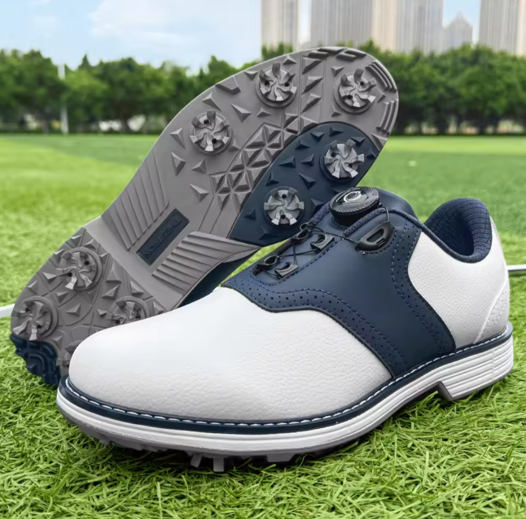 Laceless GolfThing Classic Soft Spike golf shoes made of durable faux leather with cushioned midsole and soft spike outsole for traction