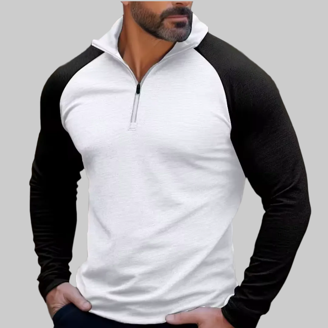 GolfThing 360° Stretch Quarter Zip athletic fit performance polyester golf sweater with color-block sleeves