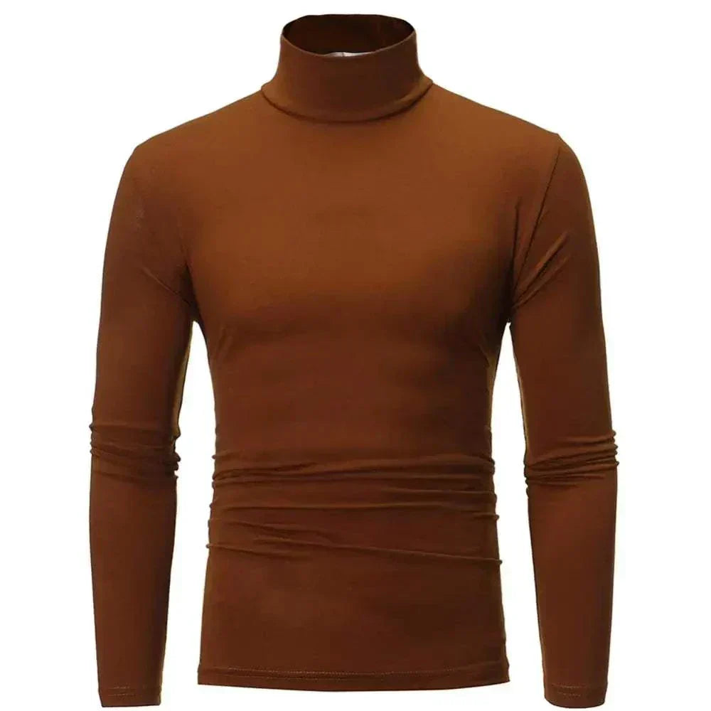 Men's roll neck jumper mid layer in coffee color for golf performance and comfort