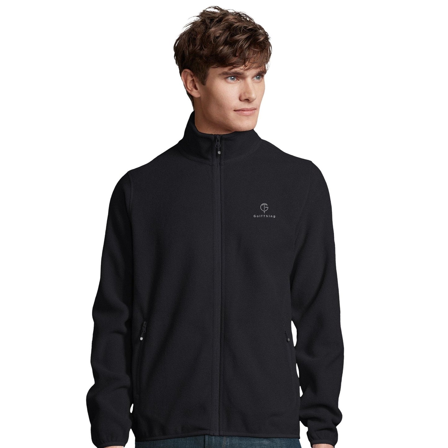 Men wearing GolfThing eco-friendly black fleece jacket made from recycled polyester on golf course