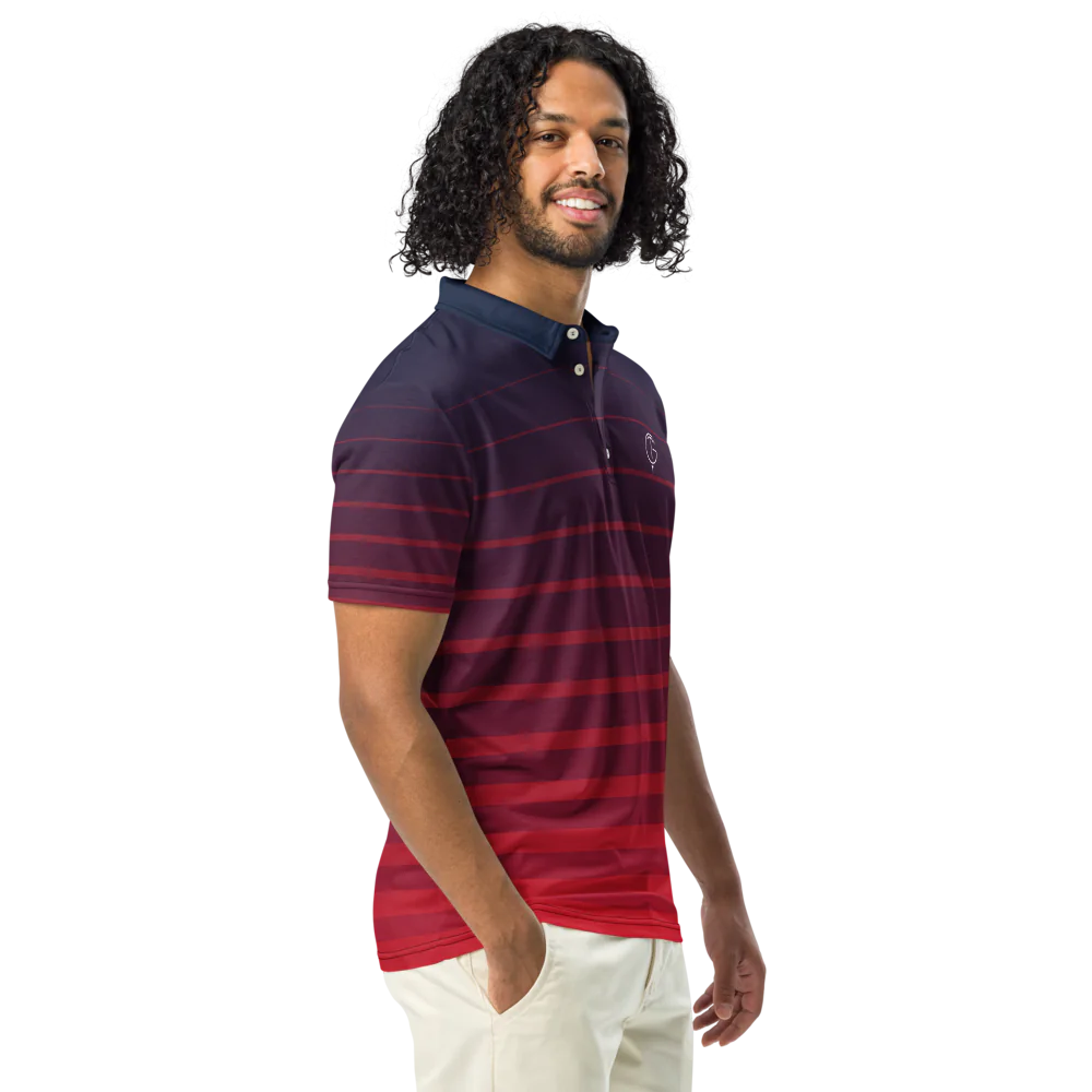 GolfThing Striped Golf Polo Shirt - Red/Navy
