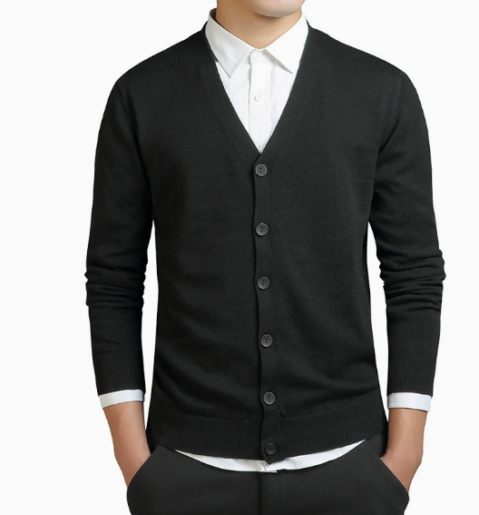 GolfThing Classic V neck cardigan in gray worn over a white shirt, ideal golf and casual layering garment
