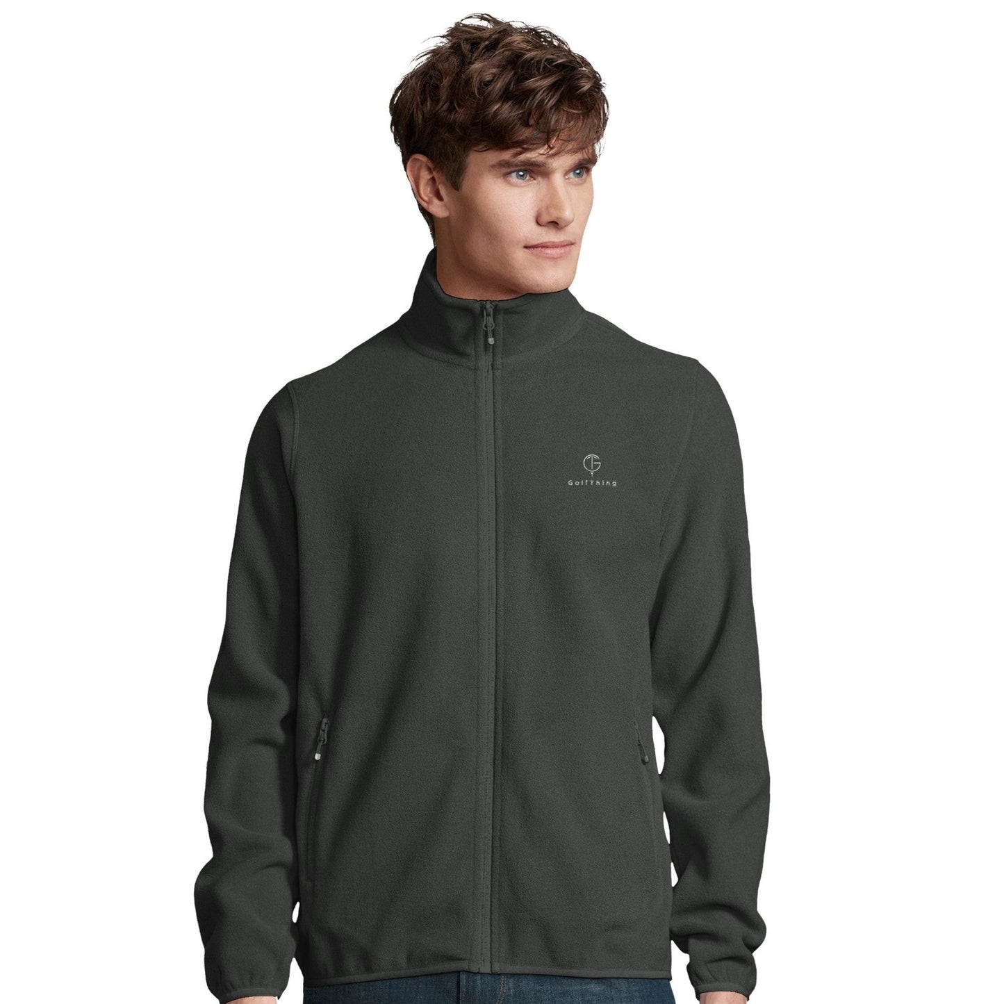 Charcoal grey GolfThing eco-friendly fleece jacket made from recycled polyester, featuring full zip and zippered pockets for men golfers