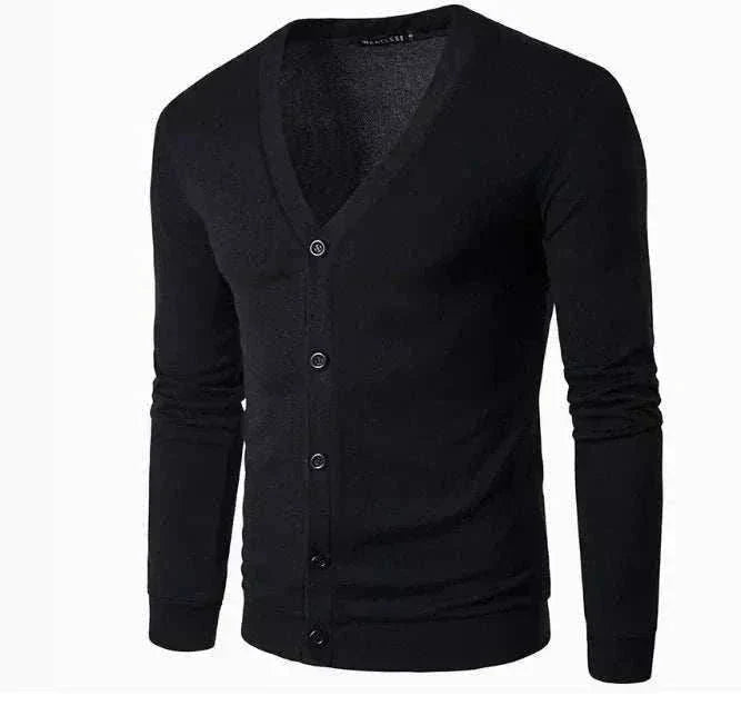 GolfThing Signature Knit cardigan in black lightweight knit, featuring a V-neck, button front, and ribbed cuffs and hem.