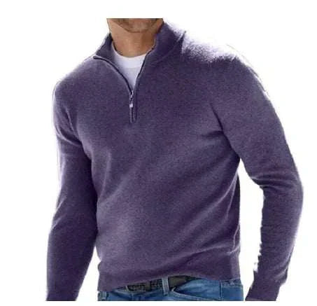 Purple quarter-zip golf jumper worn by a person on a white background