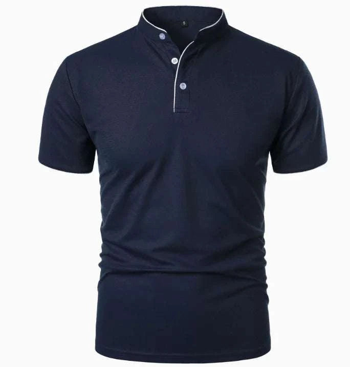 Navy GolfThing stand-up collar golf polo shirt with modern athletic fit and moisture-wicking fabric