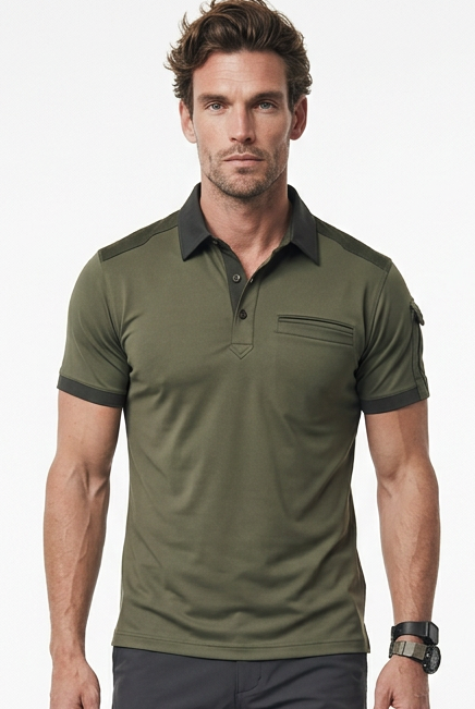 A man modeling an olive green short-sleeve golf polo shirt with dark trim on the collar and sleeve cuffs, paired with dark gray trousers and brown shoes, against a plain white studio background.