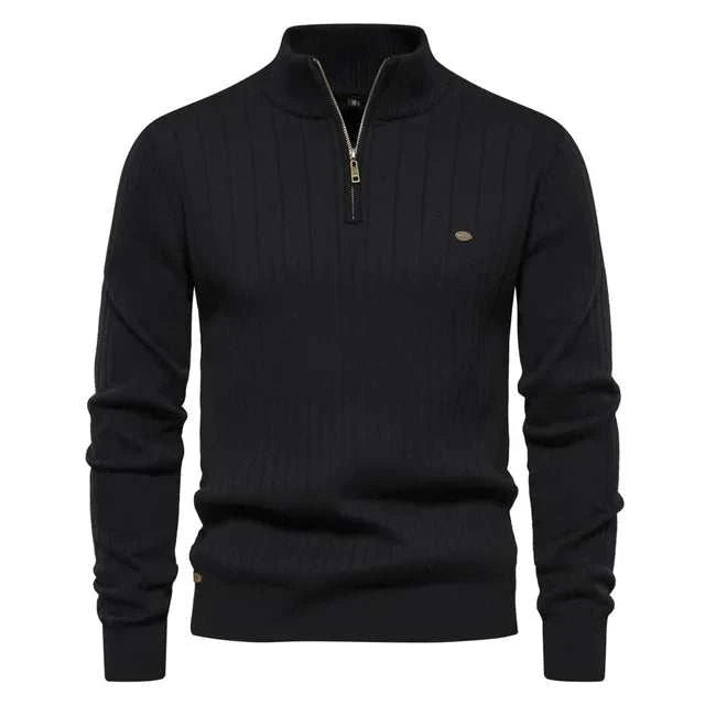 GolfThing High-Quality Club Knit black golf sweater with ribbed collar and breathable cotton knit