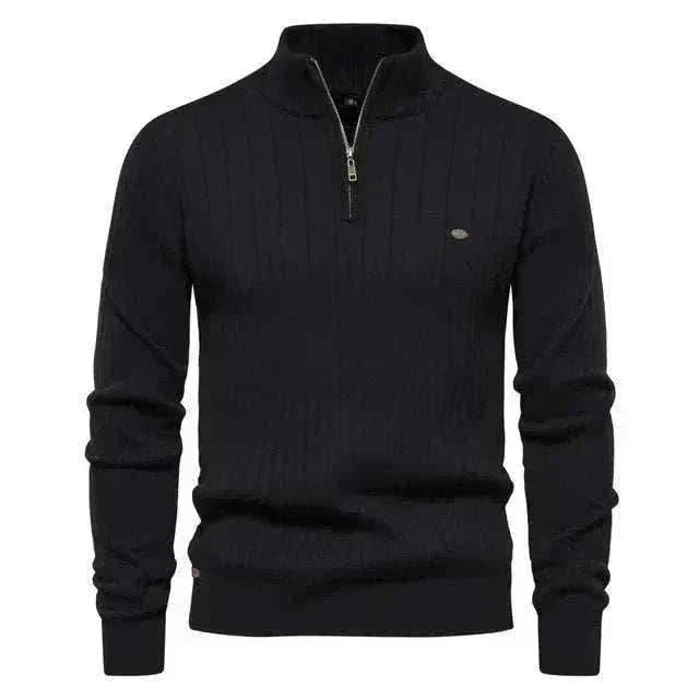 GolfThing High-Quality Club Knit black golf sweater with ribbed collar and breathable cotton knit