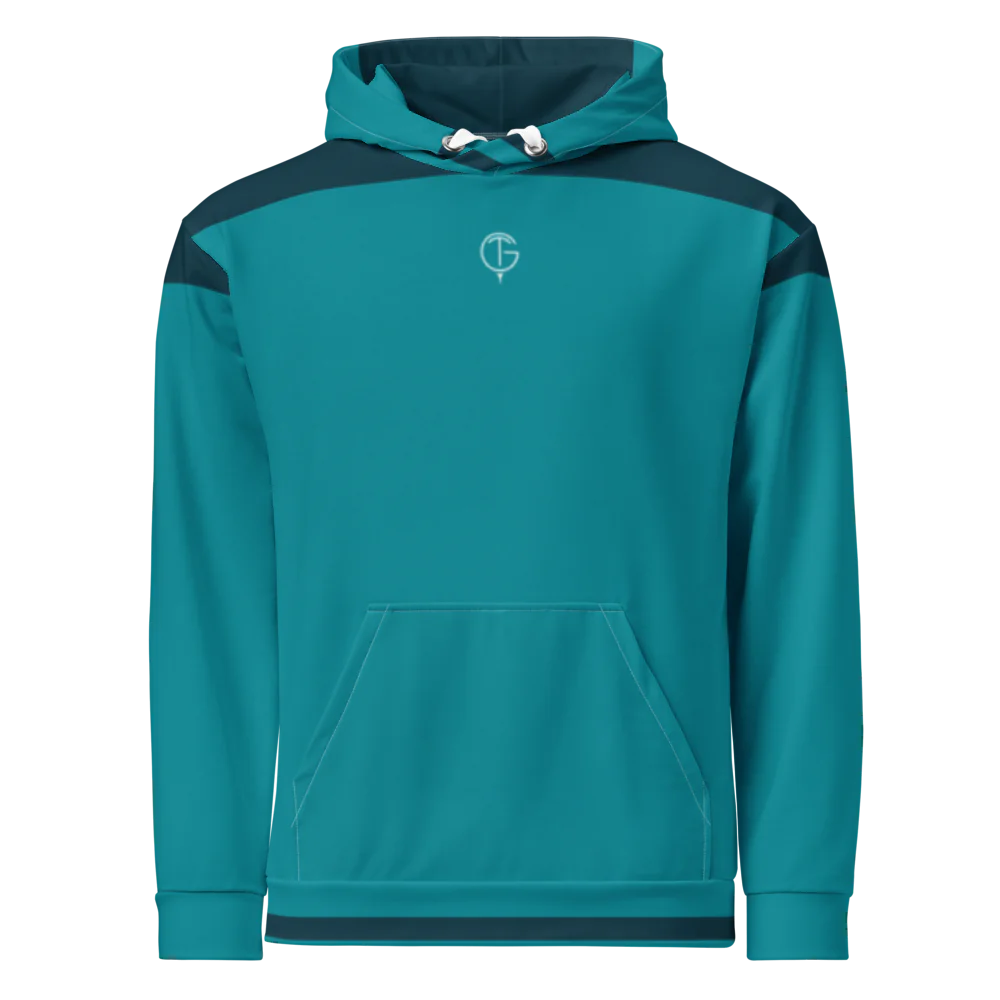GolfThing PureForm green and navy golf hoodie with double-lined hood and eco-friendly fabric