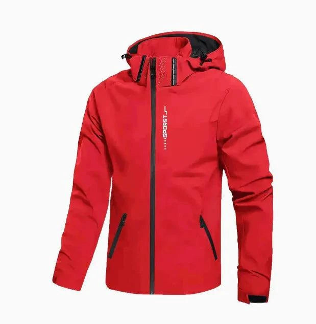 Men's waterproof red windbreaker golf jacket with adjustable hood and zippered pockets