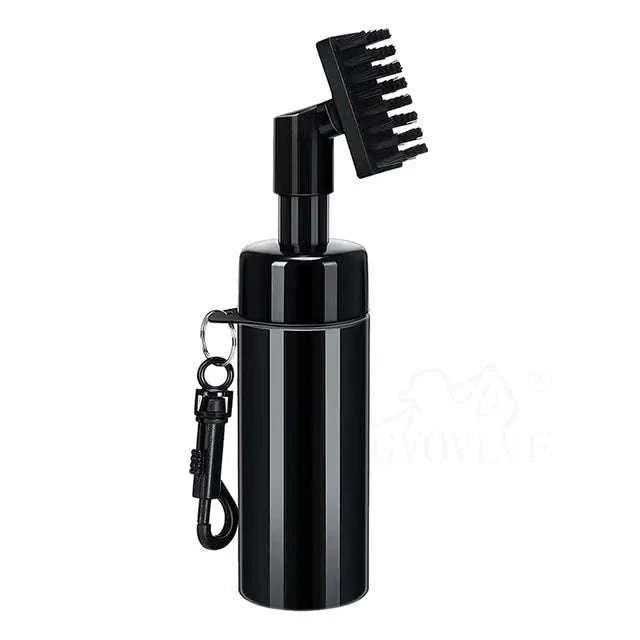 Black golf club cleaner with hanging clip and nylon bristle brush for gentle, efficient cleaning