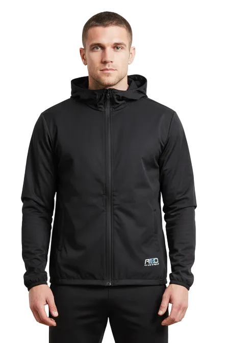 An image of a male golfer wearing a GolfThing rain jacket