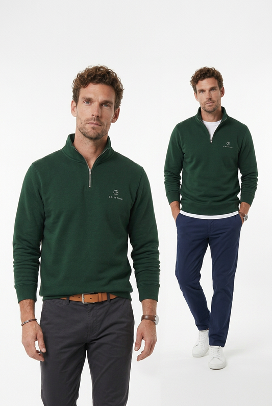 A picture of a golfer wearing multiple layers including golf trousers, a golf polo shirt and quarter zip golf jumper