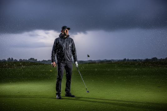 A golfer wearing  a golf jacker in the rain on the golf course