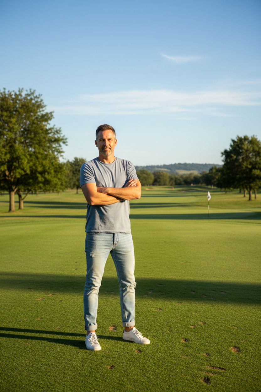 An image of a man in a pair of jeans and a t-shirt on the golf course