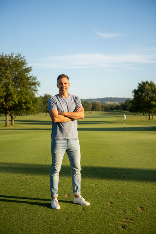 An image of a man in a pair of jeans and a t-shirt on the golf course