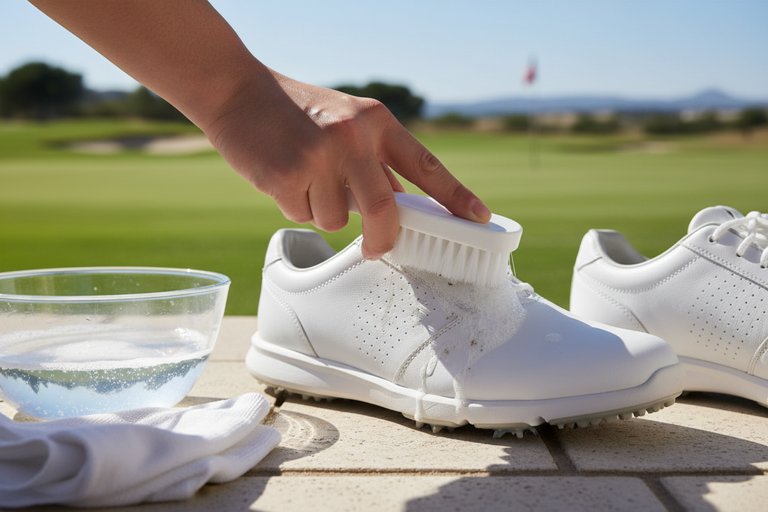A picture of golf shoes being cleaned, demonstrating how to clean your golf shoes.