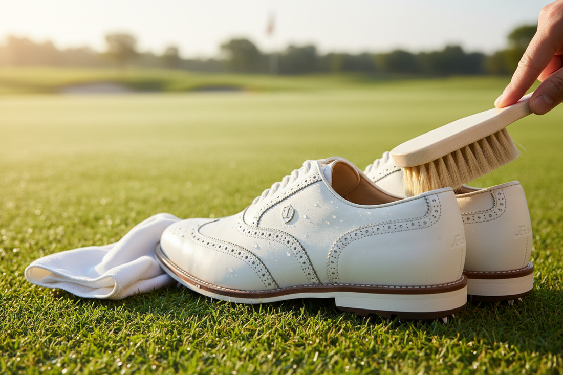 An image of a pair of soft spike golf shoes being cleaned with a golf club cleaning brush.