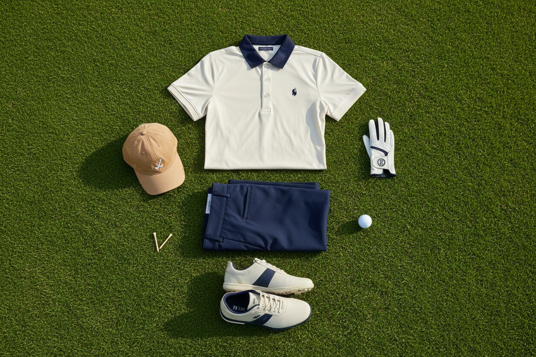 An image of cheap golf clothes including golf trousers, a golf polo shirt, sof spike golf shoes, a golf glove and golf cap.