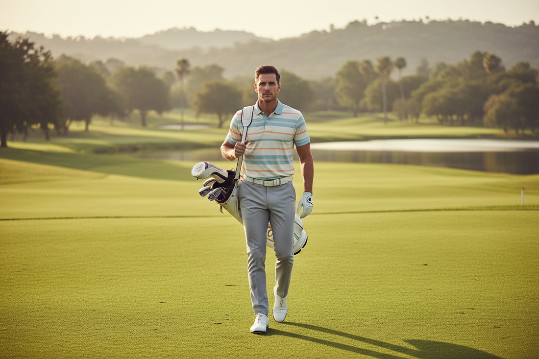 A golfer demonstrating golf fashion, wearing golf chinos, a men's golf shirt and golf shoes
