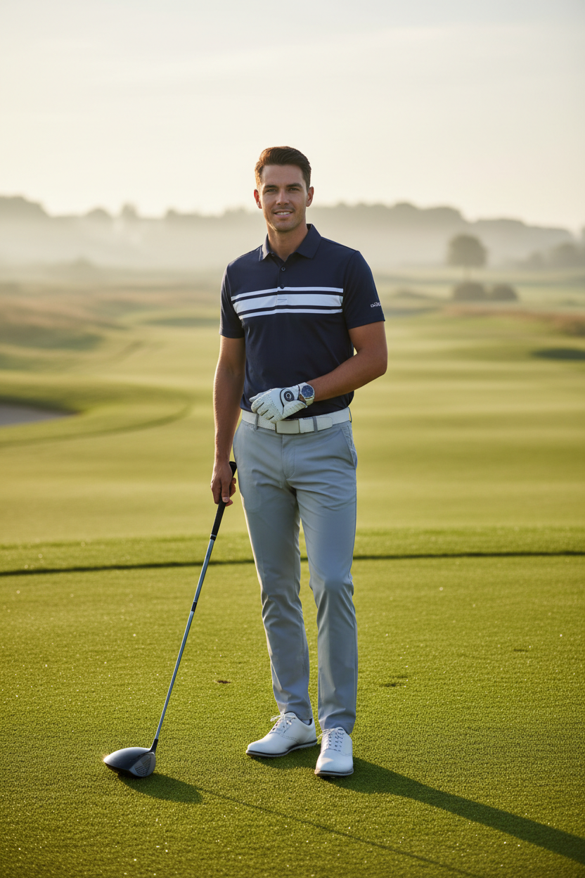 A male golfer wearing a golf outfit including golf polo shirt, slim fit golf trousers and white golf shoes