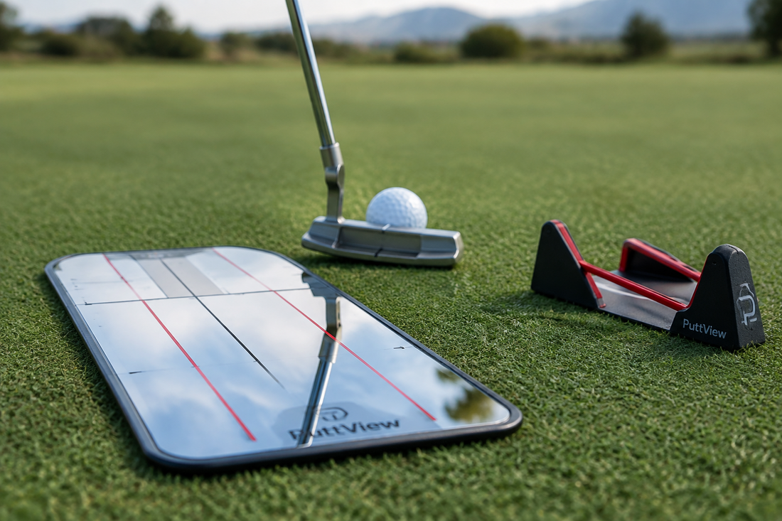 An image of a golf putting aid including golf putting mirror and putting alignment tool