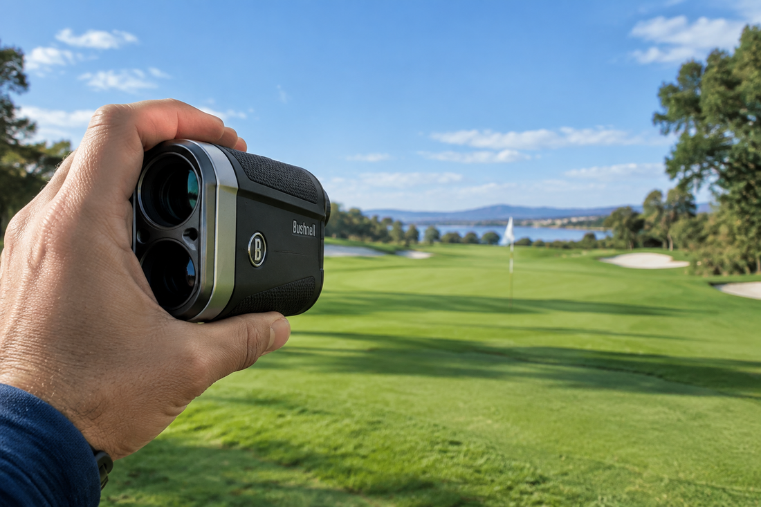 An image showing a golfer holding a golf accessory which is a golf range finder