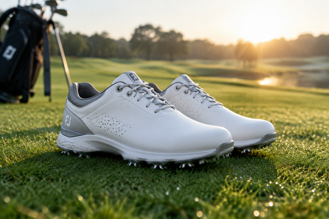 An image of a pair of golf shoes on some grass.