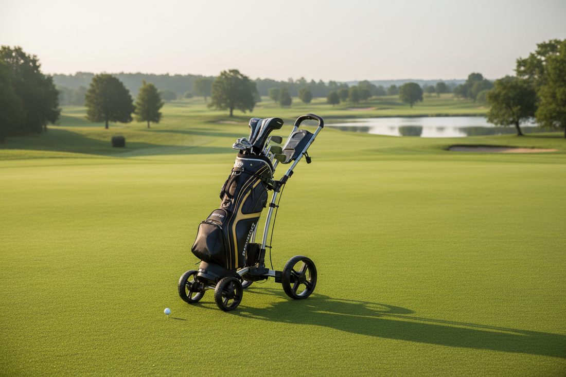 An image of a golf trolley on a golf course fairway