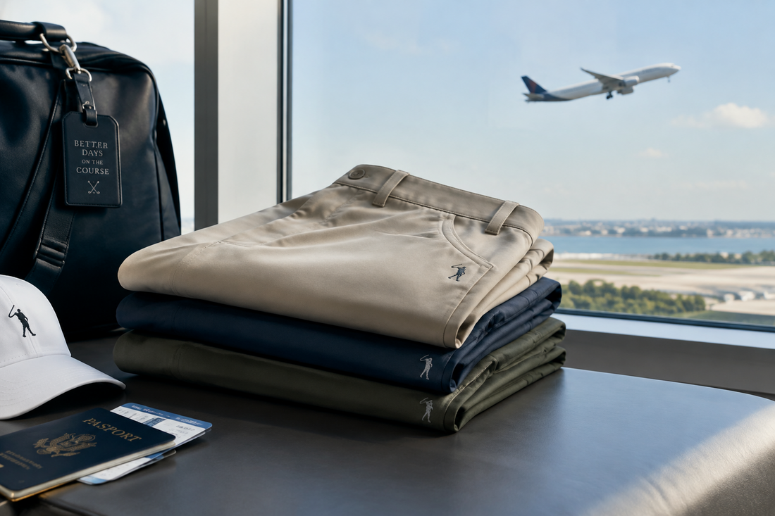 An image of a pair of golf trousers and golf caps with an airplane in the background