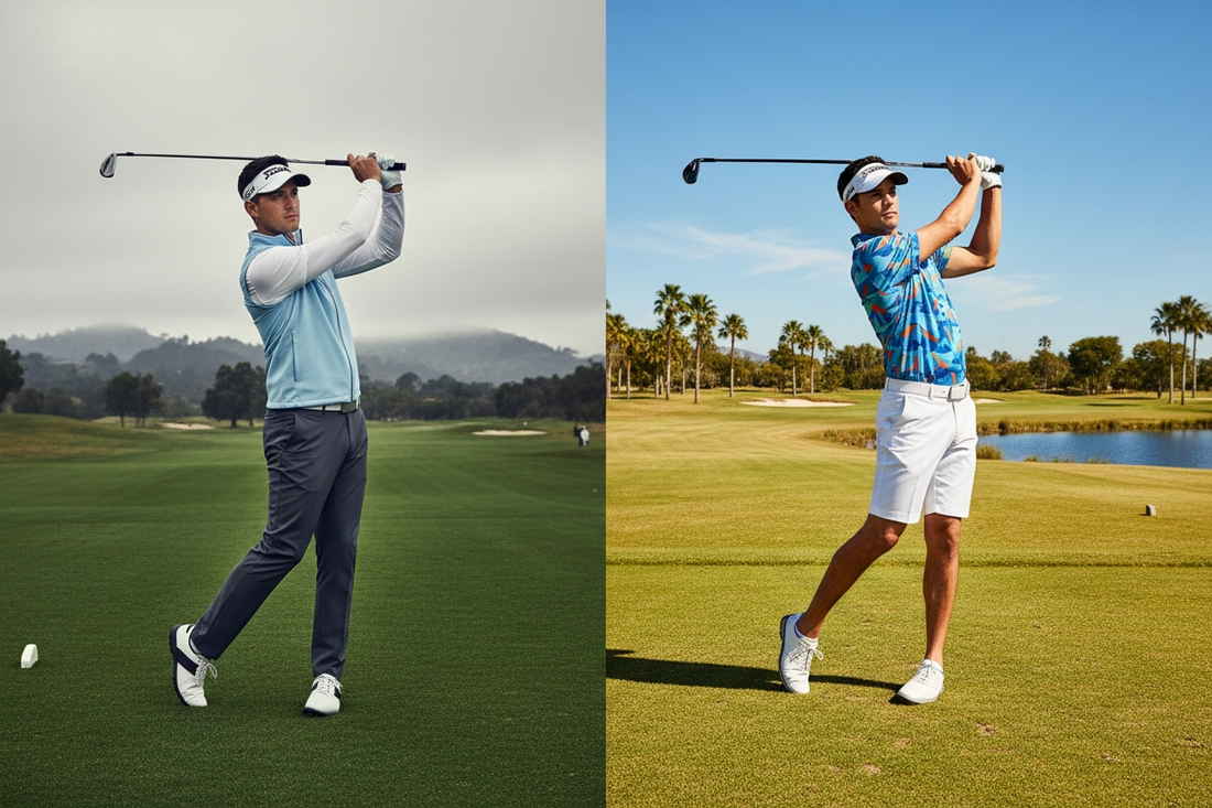 A golfer swining wear golf trousers and golf shorts