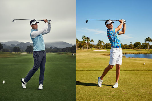 A golfer swining wear golf trousers and golf shorts