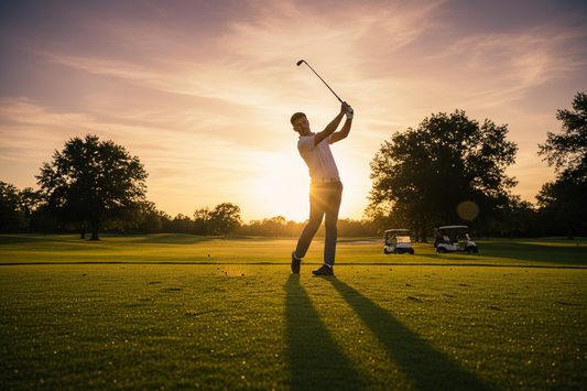 A picture of a male beginner golfer swinging a golf club on the golf course wearing stretch golf trousers and a moisture wicking polo shirt