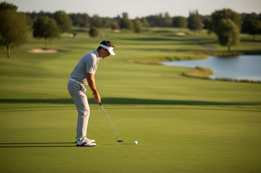 A golfer putting after using a golf putting aid