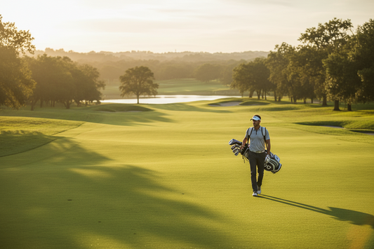 A golfer walking on a golf course wearing a golf polo shirt, golf trousers and golf shoes