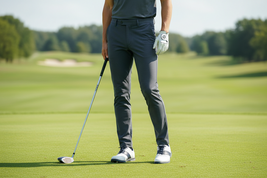 An image of a golfer wearing a pair of slim fit golf trousers
