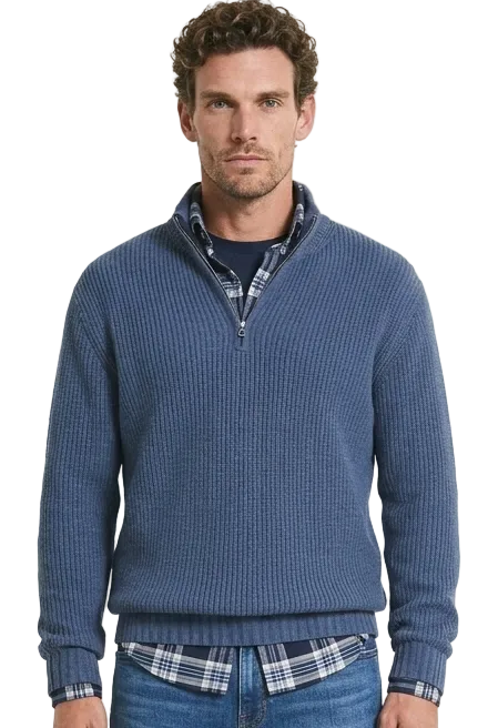 GolfThing Knitted Golf Jumper in textured blue knit, featuring a stand collar and short front zipper over a checked shirt.