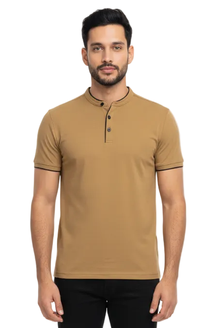 GolfThing Stand-Up Collar Golf Polo Shirt - Khaki