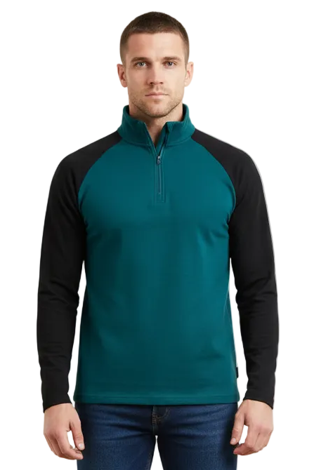 GolfThing 360° Stretch Quarter Zip performance golf sweater in athletic fit with moisture-wicking polyester and modern color-block design