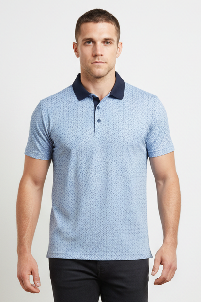 GolfThing Print Pattern Golf Polo Shirt - Light Blue Navy