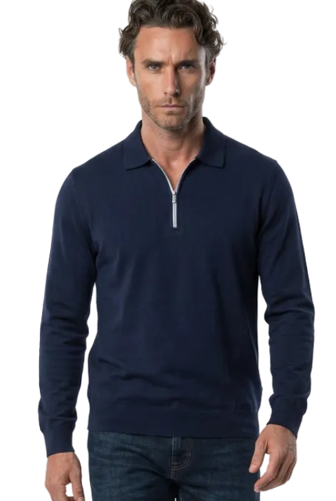 A man modeling a navy blue long-sleeve quarter-zip golf jumper with dark blue jeans and brown shoes, standing against a plain white studio background