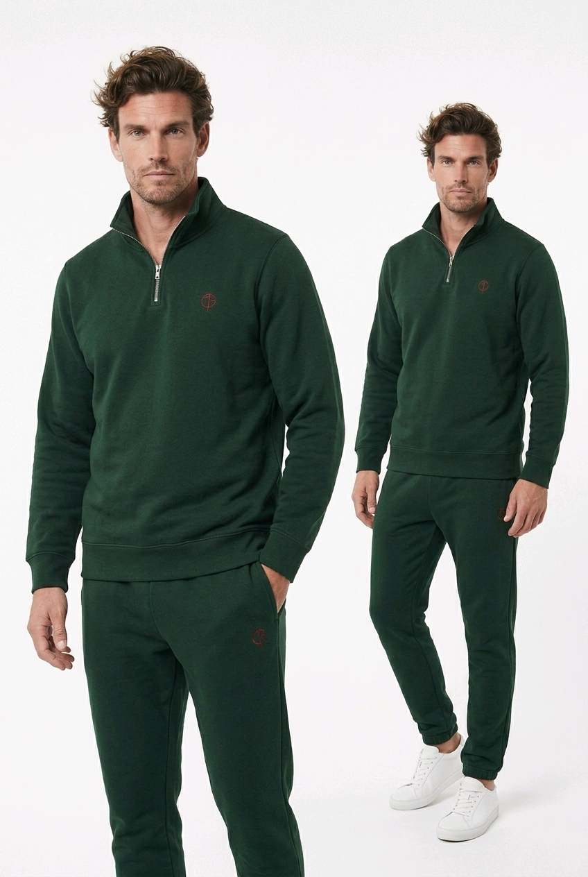 A man modeling a dark green quarter-zip golf jumper and matching sweatpants set against a plain white studio background, with a second smaller view of the same outfit on the right.