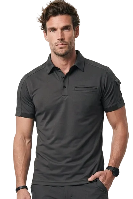 A man wearing a stretch golf polo shirt in blaCK