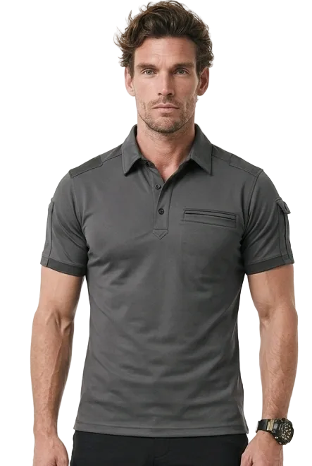 A man wearing a stretch golf polo shirt in grey