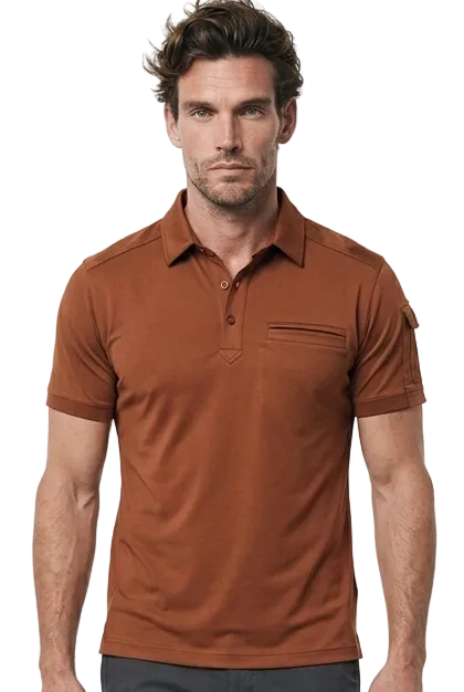 A man wearing a stretch golf polo shirt in orange.
