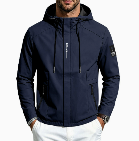 GolfThing Hybrid golf jacket in navy, with a smooth fabric finish, drawstring hood, zip front and side pockets.